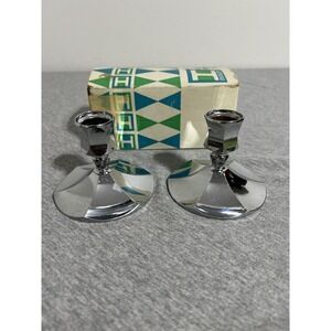 Vintage Irvinware Candle Holders Pair Chrome Faceted Made in USA w/‎ Box 2190